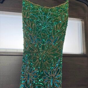 Rachel Allan Green and Blue Beaded Dress